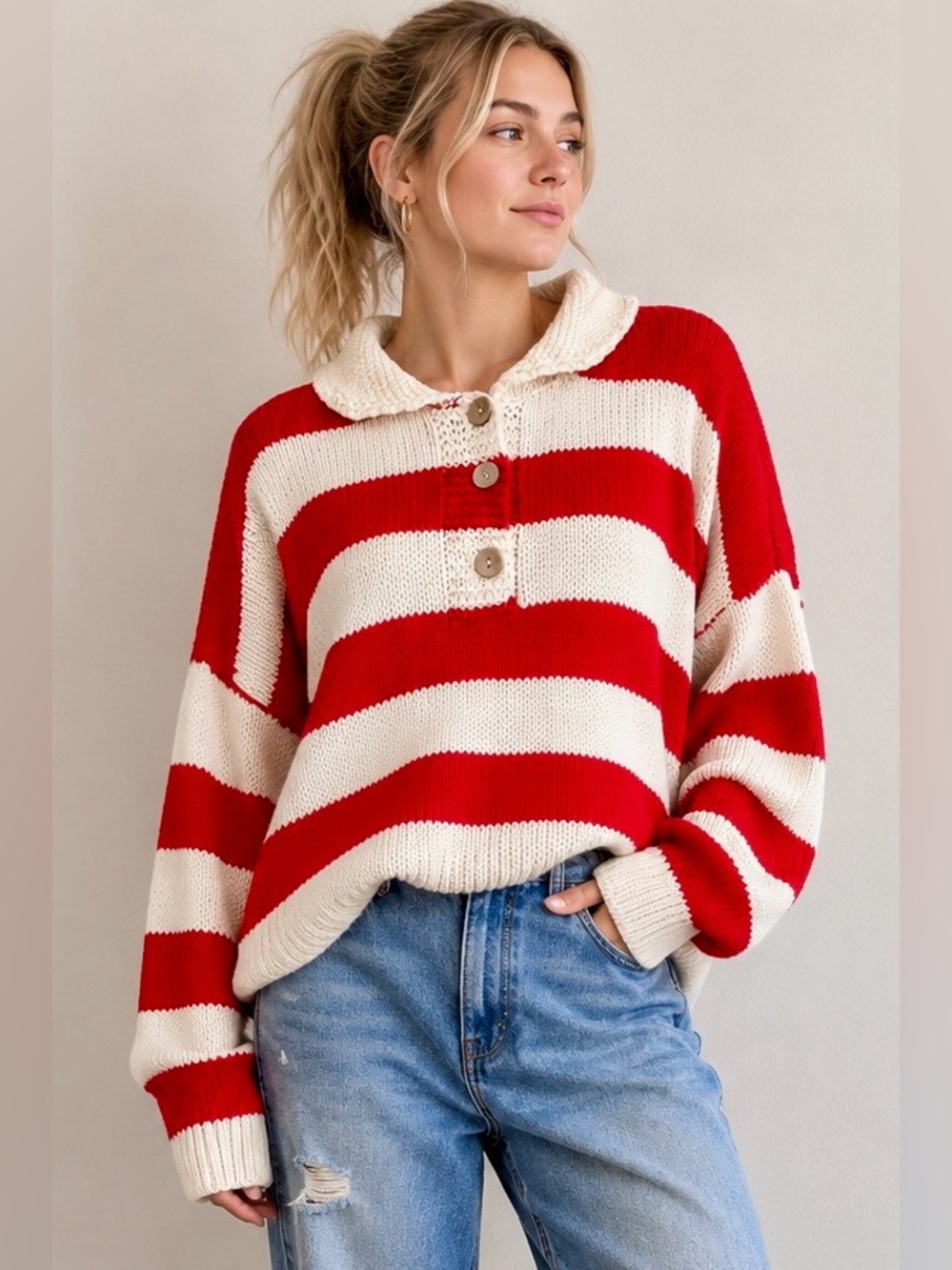 NWT - Cider Striped Henley Shawl Collar in Cream
& Red